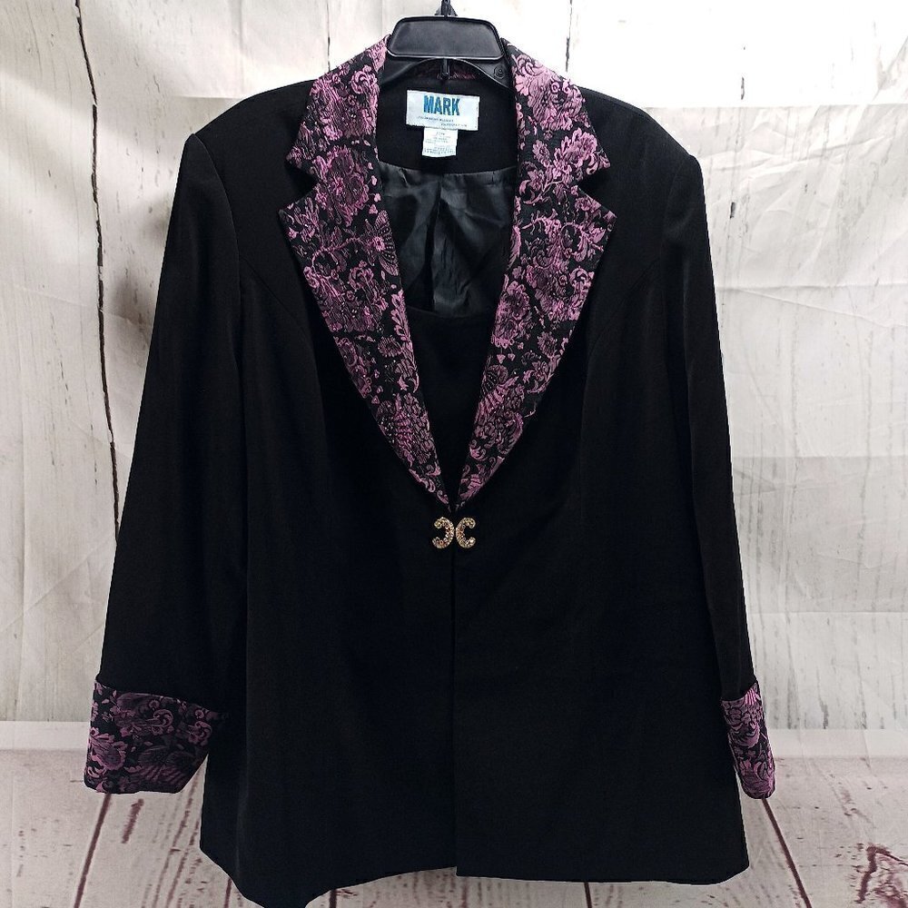 Mark Women Size 22W Brocade Lapel & Sleeve Sequin Decorative Hook Black Blazer
